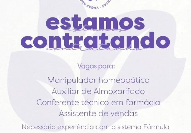 4 Vagas de emprego para Manipulador Homeopático, Auxiliar De Almoxarifado, Conferente Técnico De Farmácia, Assistente De Vendas na empresa Farmácia M2M em 09/09