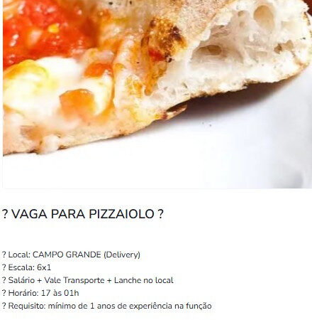 1 Vaga de emprego para Pizzaiolo na empresa Delivery em 10/09