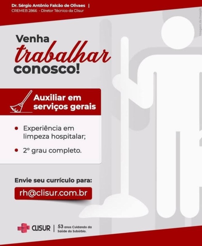 1 Vaga de emprego para Auxiliar De Serviços Gerais na empresa Clisur em 19/09