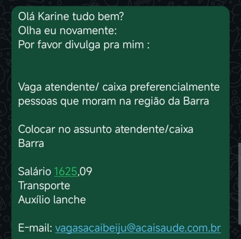 1 Vaga de emprego para Atendente Ou Caixa na empresa Acaí Saúde em 19/09