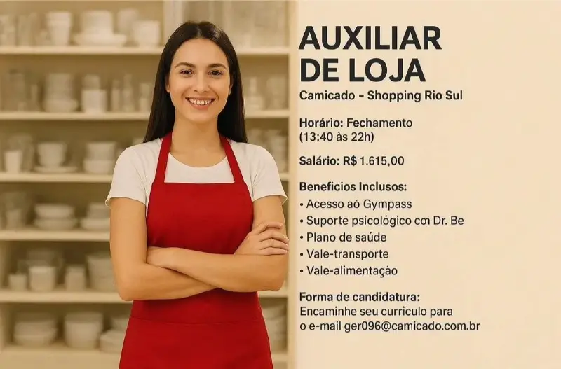 1 Vaga de emprego para Auxiliar De Loja na empresa Camicado em 09/09