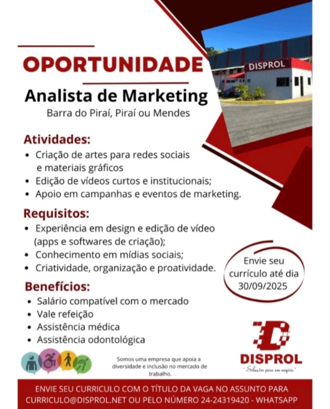1 Vaga de emprego para Analista De Marketing na empresa Disprol, Barra Do Piraí, Piraí Ou Mendes em 20/09
