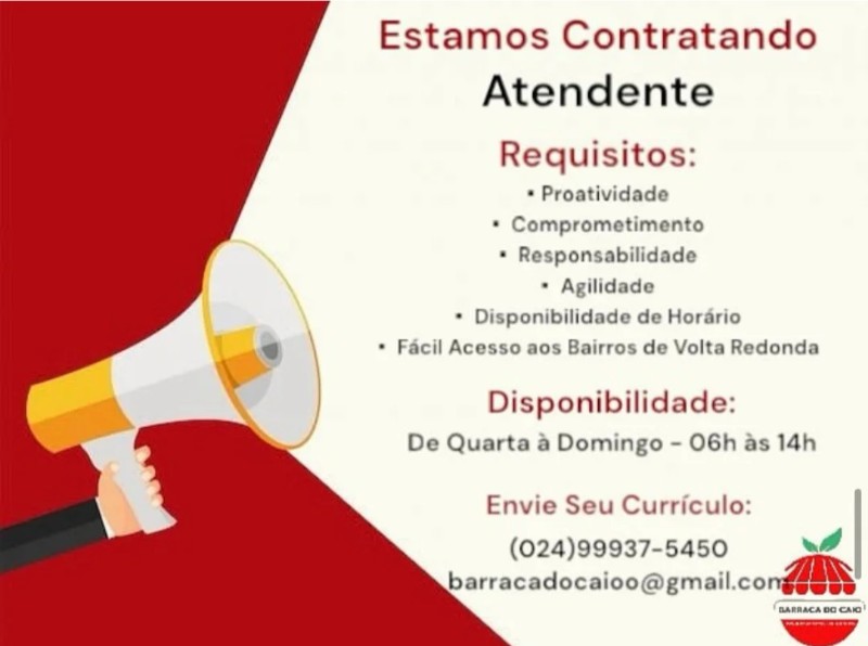 1 Vaga de emprego para Atendente na empresa Barraca Do Caioo, Volta Redonda em 20/09