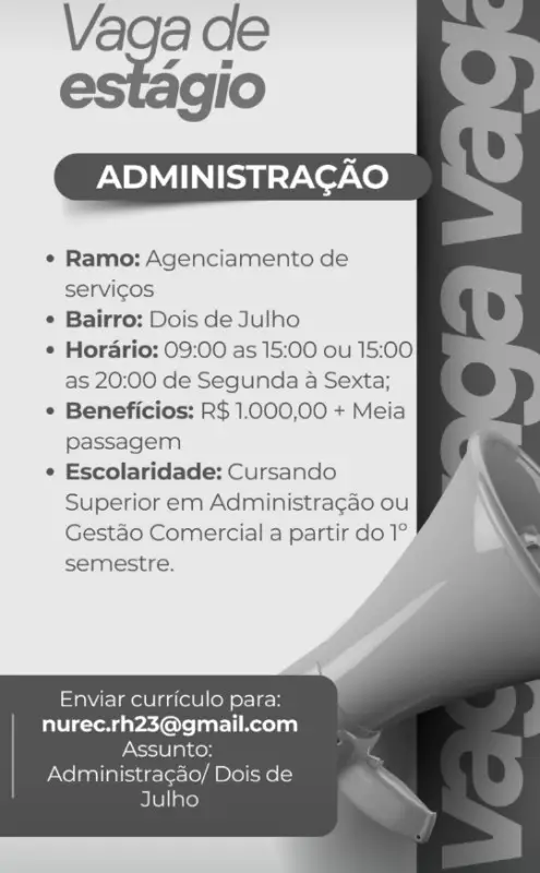 1 Vaga de emprego para Estágio Administração na empresa Nurec em 11/09