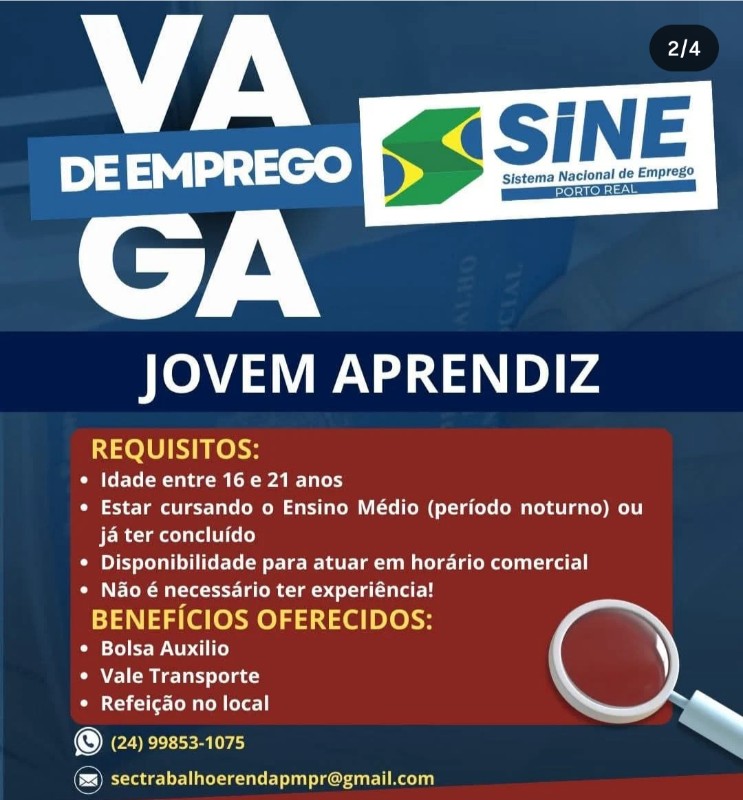 1 Vaga de emprego para Jovem Aprendiz sem experiência na empresa Sine Porto Real em 20/09