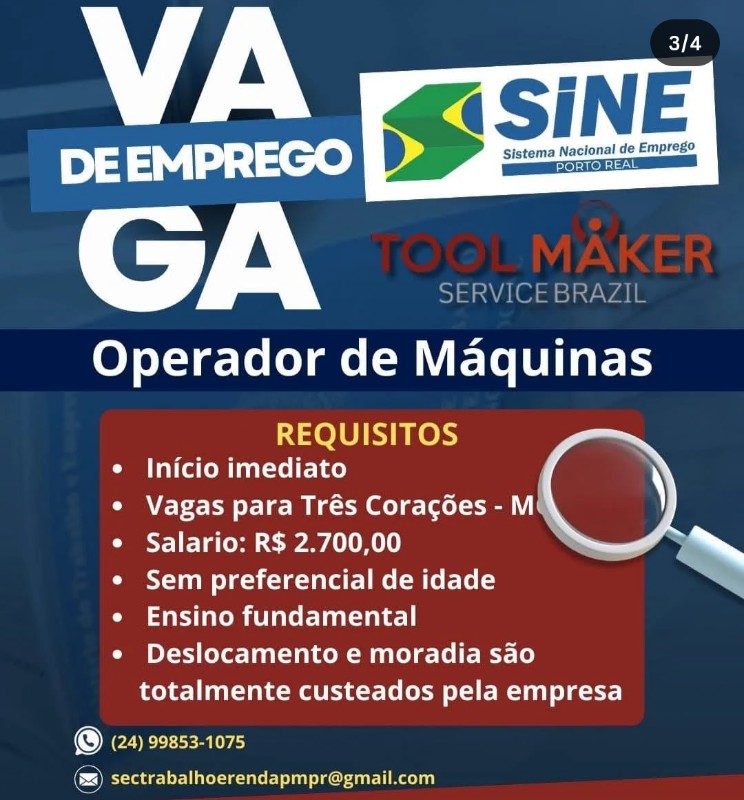 1 Vaga de emprego para Operador De Máquinas na empresa Serviço de Ferramentaria Brasil, Três Corações Mg em 20/09