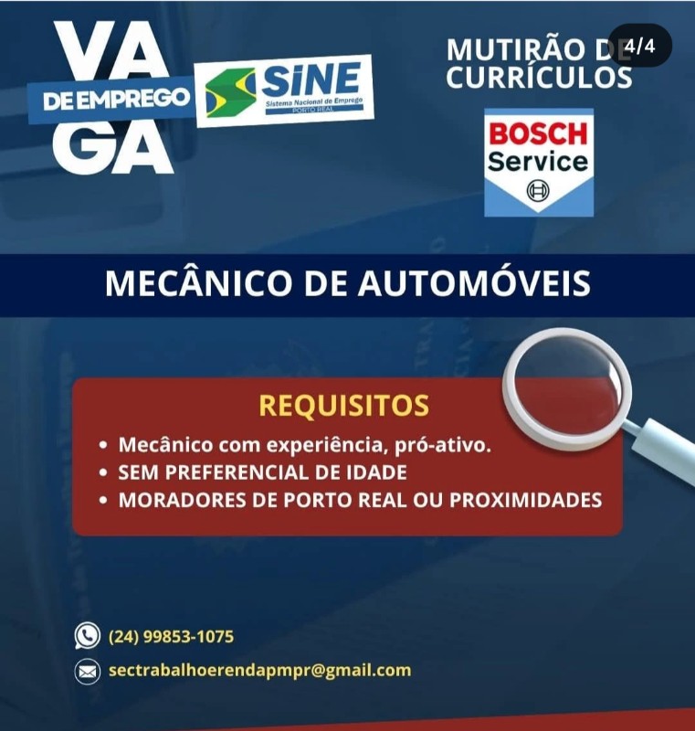 1 Vaga de emprego para Mecânico De Automóveis na empresa Sine, Bosch Service, Porto Real em 20/09