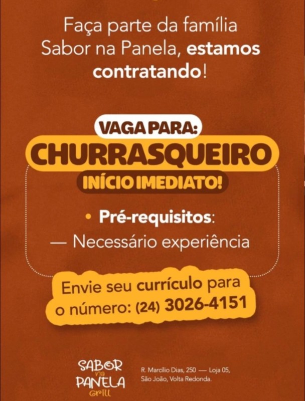 1 Vaga de emprego para Churrasqueiro na empresa Sabor  Panela em 20/09