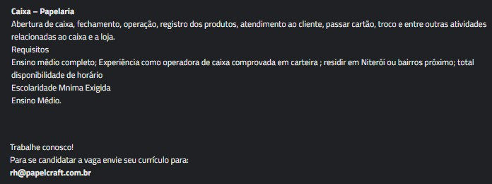 1 Vaga de emprego para Caixa na empresa Papelcraft em 10/09