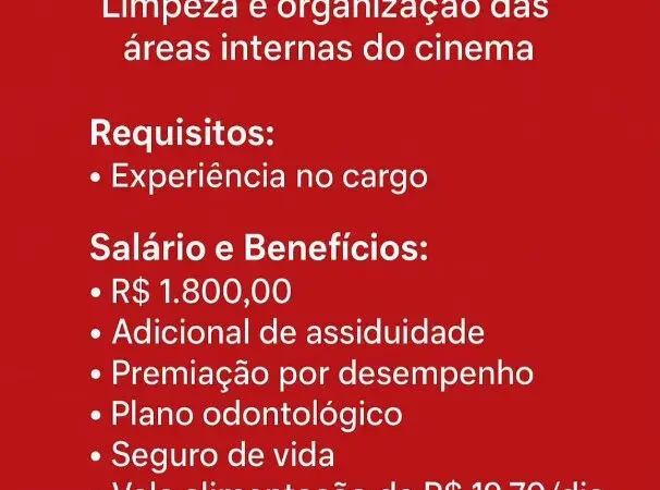1 Vaga de emprego para Auxiliar De Limpeza na empresa Cineflix em 09/09