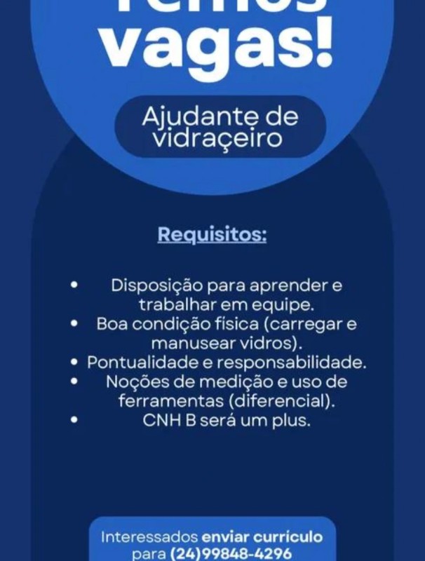1 Vaga de emprego para Ajudante De Vidraçeiro na Cidade Rio de Janeiro em 20/09