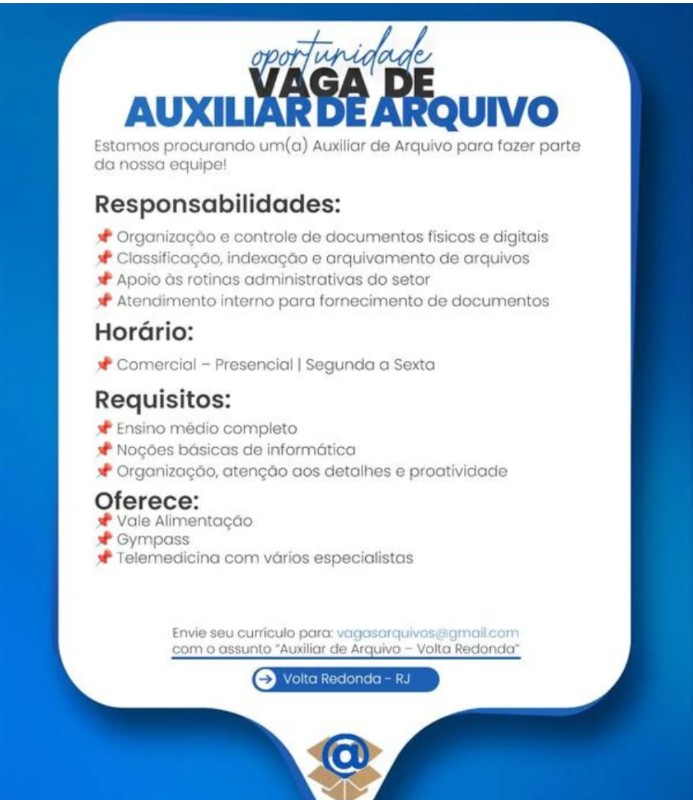 1 Vaga de emprego para Auxiliar De Arquivo na empresa Volta Redonda Rj em 20/09