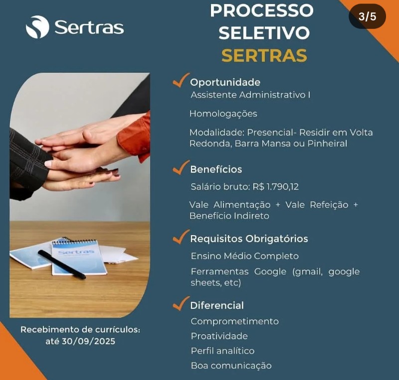 1 Vaga de emprego para Assistente Administrativo I na empresa Sertras, Volta Redonda, Barra Mansa Ou Pinheiral em 20/09