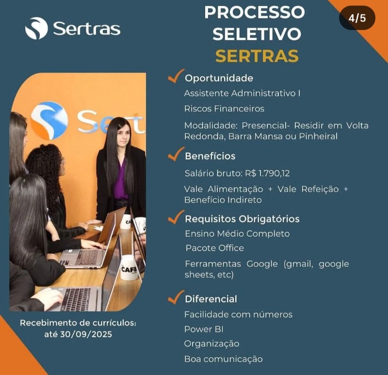1 Vaga de emprego para Assistente Administrativo I na empresa Sertras, Volta Redonda, Barra Mansa Ou Pinheiral em 20/09