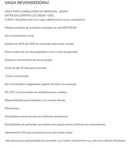 1 Vaga de emprego para Revendedora na empresa Buom Semijoias em 11/09