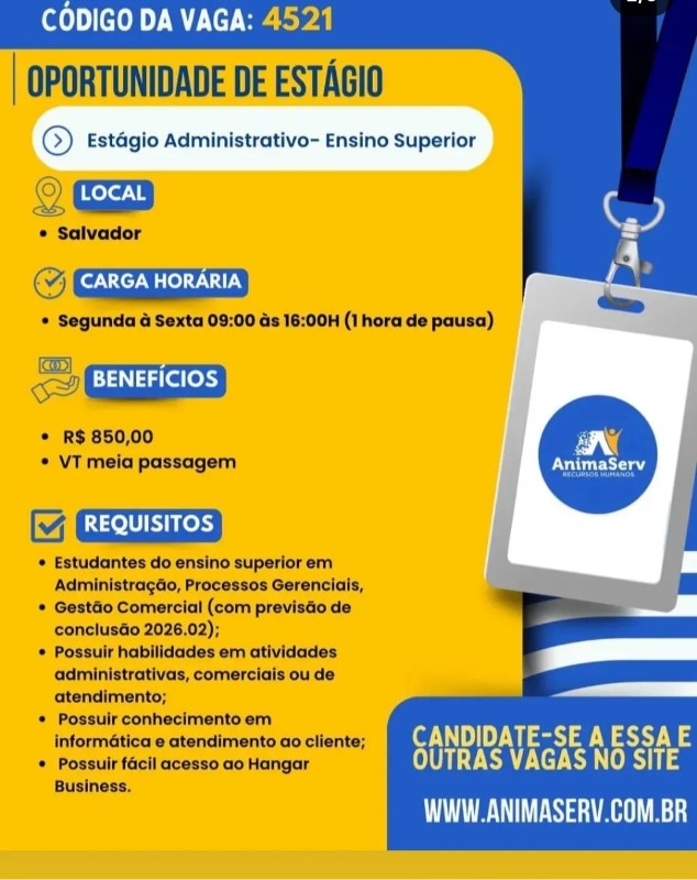 1 Vaga de emprego para Estágio Administrativo na empresa Animserv Recursos Humanos em 18/09