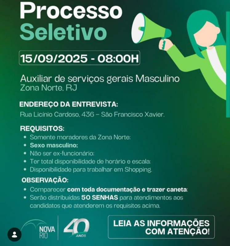 1 Vaga de emprego para Auxiliar De Serviços Gerais Masculino no Bairro Zona Norte, Rio de Janeiro em 18/09