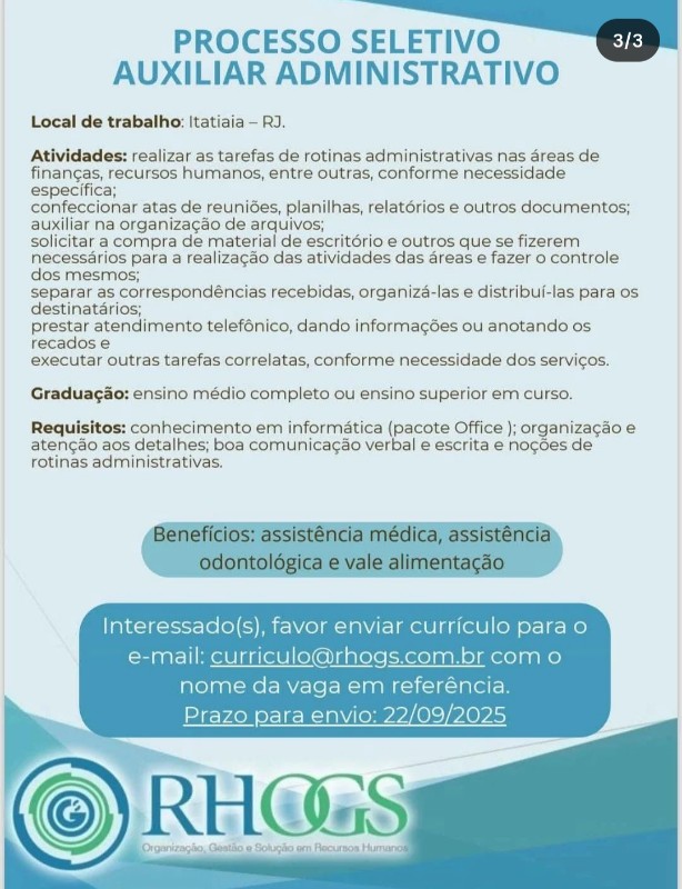 1 Vaga de emprego para Auxiliar Administrativo na empresa Rhogs, Itatiaia Rj em 20/09