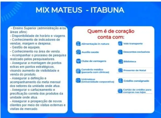 1 Vaga de emprego para Gerente De Vendas na empresa Mix Matheus em 11/09