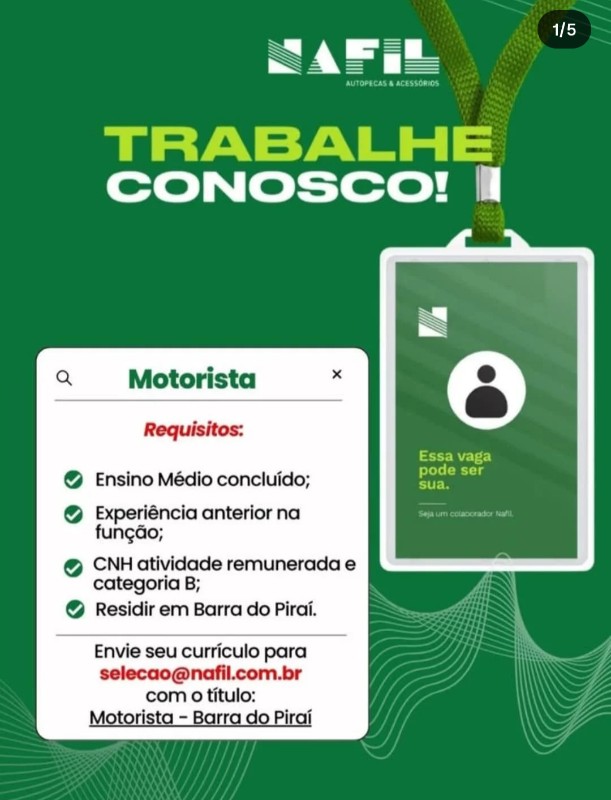 1 Vaga de emprego para Motorista na empresa Nafil, Barra Do Piraí em 20/09