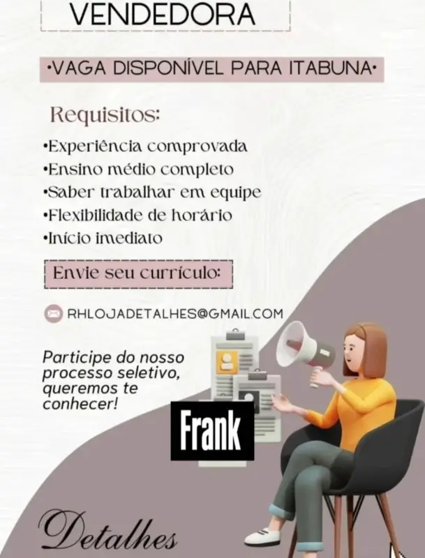 1 Vaga de emprego para Vendedora na empresa Loja de Detalhes em 11/09