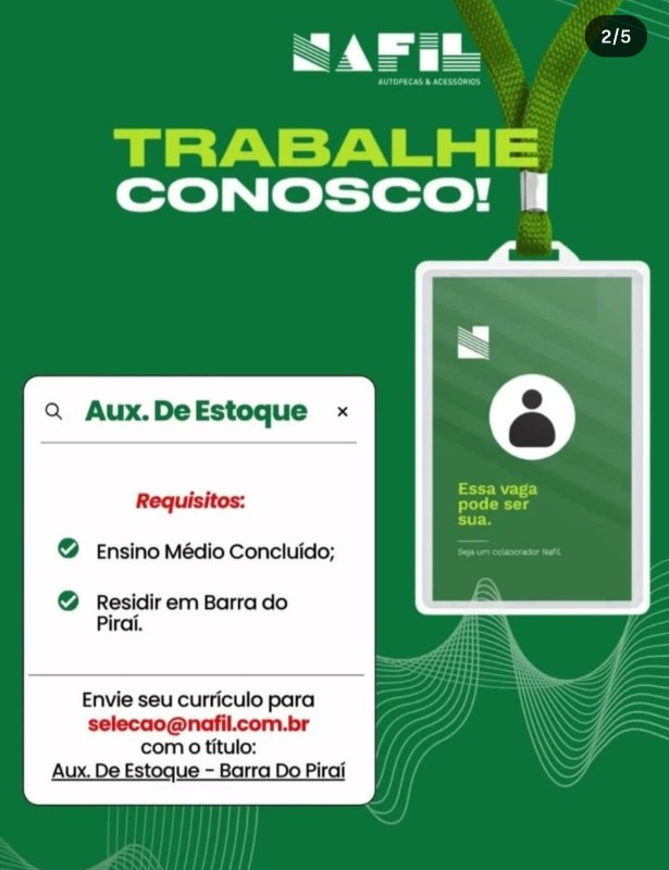 1 Vaga de emprego para Aux De Estoque na empresa Nafil, Barra Do Piraí em 20/09