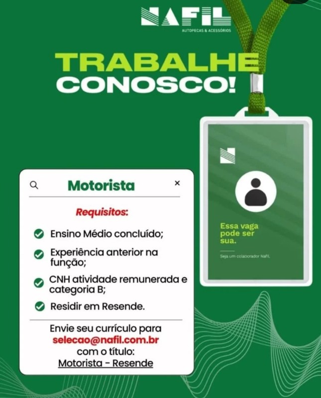 1 Vaga de emprego para Motorista na empresa Nafil, Resende em 20/09