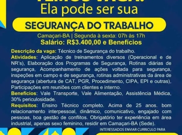 1 Vaga de emprego para Segurança Do Trabalho na empresa Fixar em 10/09