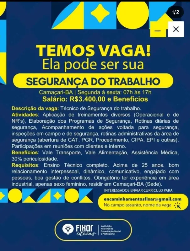 1 Vaga de emprego para Segurança Do Trabalho na empresa Fixar em 10/09