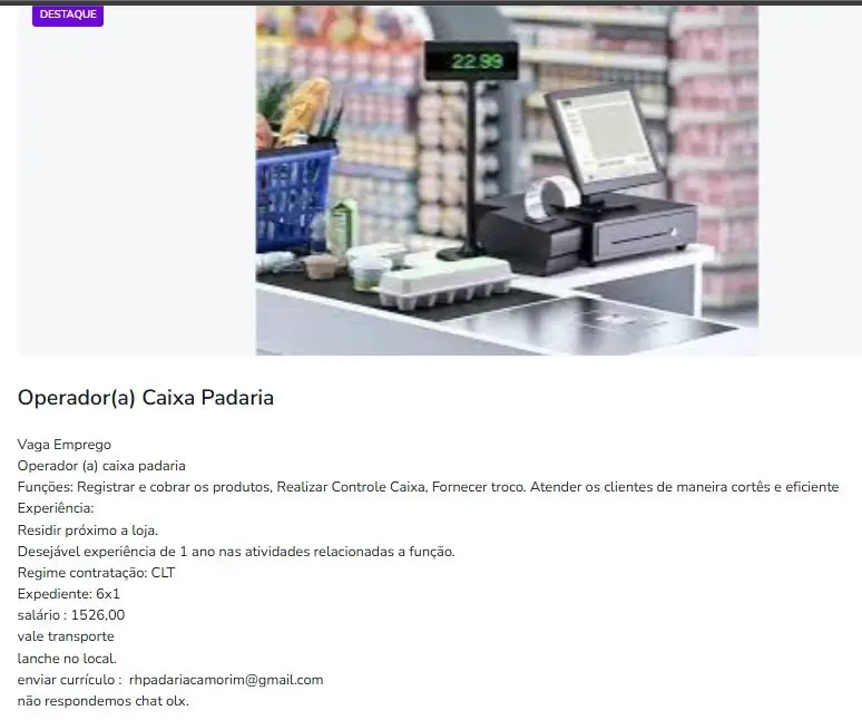 1 Vaga de emprego para Operador A De Caixa Padaria na empresa Padaria C Amorim em 11/09