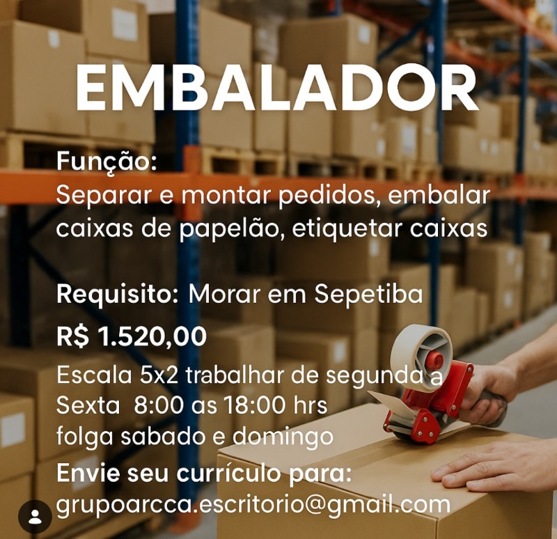 1 Vaga de emprego para Embalador na empresa Sepetiba em 18/09