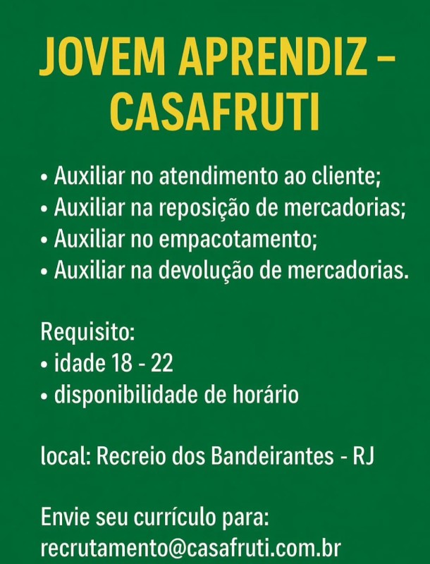 4 Vagas de emprego para Jovem Aprendiz na empresa Casa Fruti em 19/09