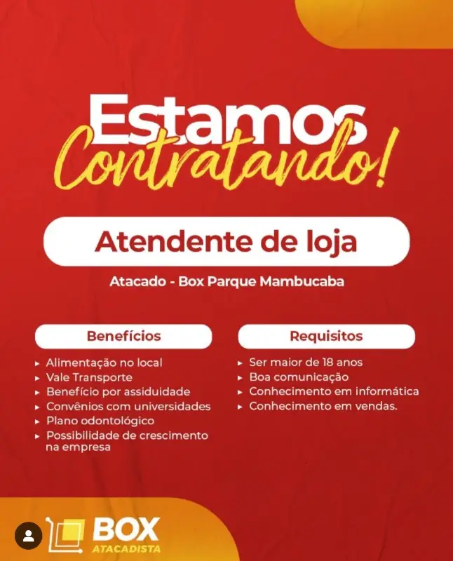 1 Vaga de emprego para Atendente De Loja na empresa Box Atacadista em 09/09