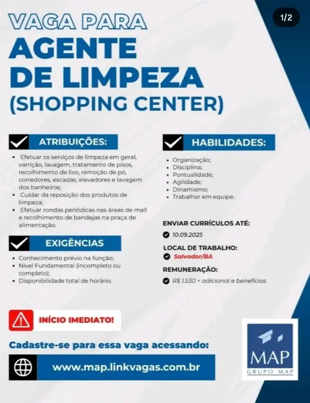 1 Vaga de emprego para Agente De Limpeza na empresa Grupo MAP em 10/09