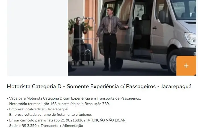 1 Vaga de emprego para Motorista Categoria D no Segmento fretamento e turismo em 11/09