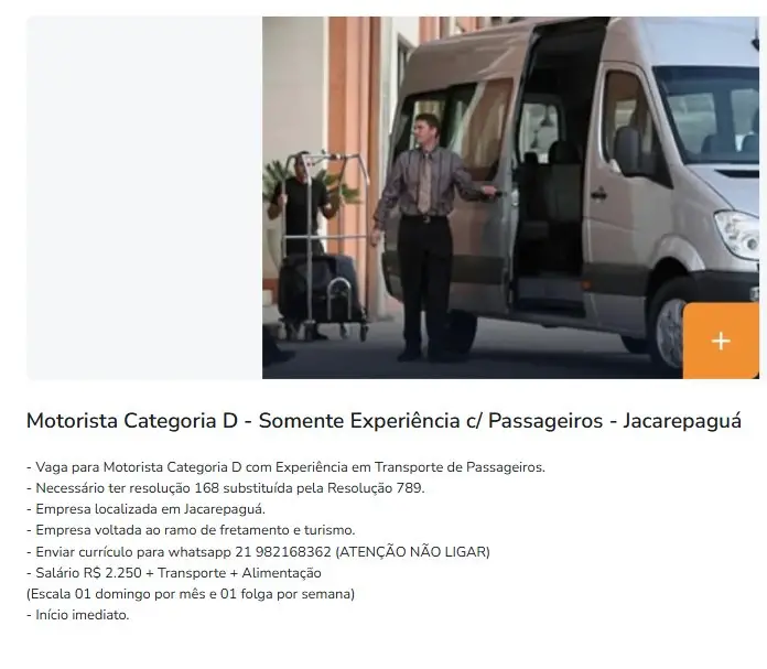 1 Vaga de emprego para Motorista Categoria D no Segmento fretamento e turismo em 11/09