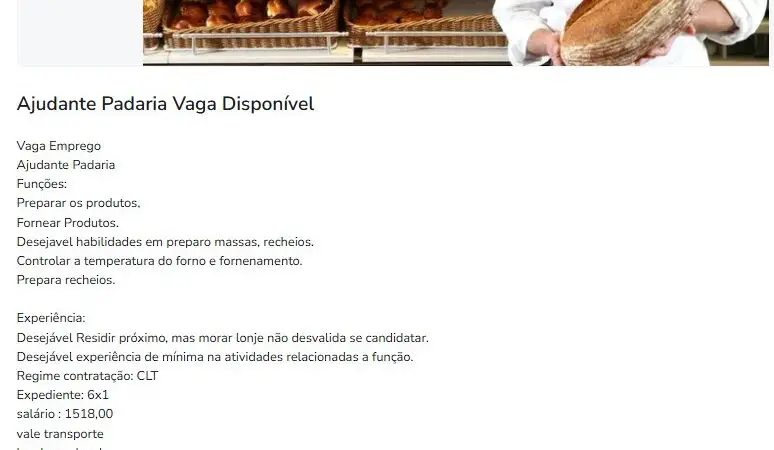 1 Vaga de emprego para Ajudante De Padaria na empresa Padaria C Amorim em 11/09