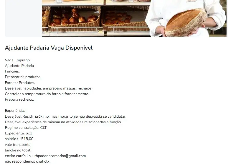 1 Vaga de emprego para Ajudante De Padaria na empresa Padaria C Amorim em 11/09