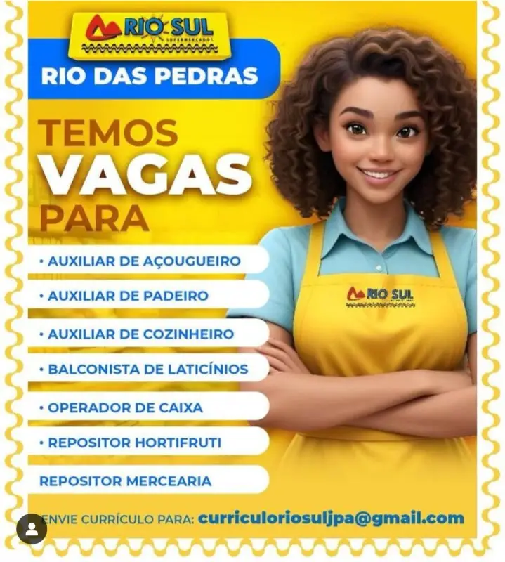 7 Vagas de emprego para Auxiliar De Açougueiro, Auxiliar De Padeiro, Auxiliar De Cozinheiro, Balconista De Laticínios, Operador De Caixa, Repositor Hortifruti, Repositor Mercearia na empresa Rio Sul em 09/09