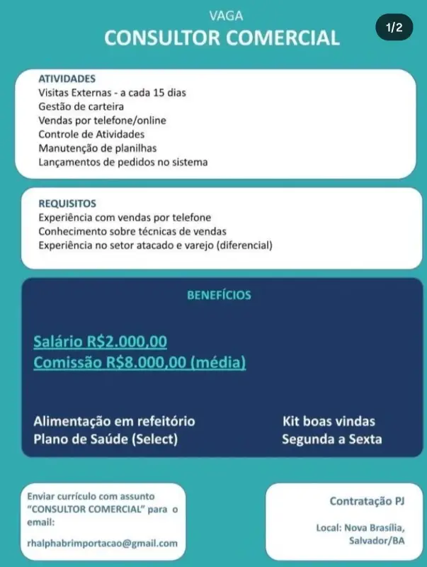 1 Vaga de emprego para Consultor Comercial na empresa Rh alphabrimportacao em 10/09