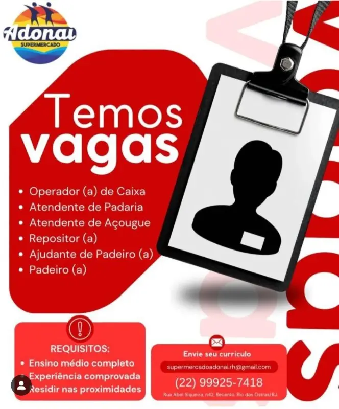 6 Vagas de emprego para Operador A De Caixa, Atendente De Padaria, Atendente De Açougue, Repositor A, Ajudante De Padeiro A , Padeiro A na empresa Adonai Supermercado em 09/09