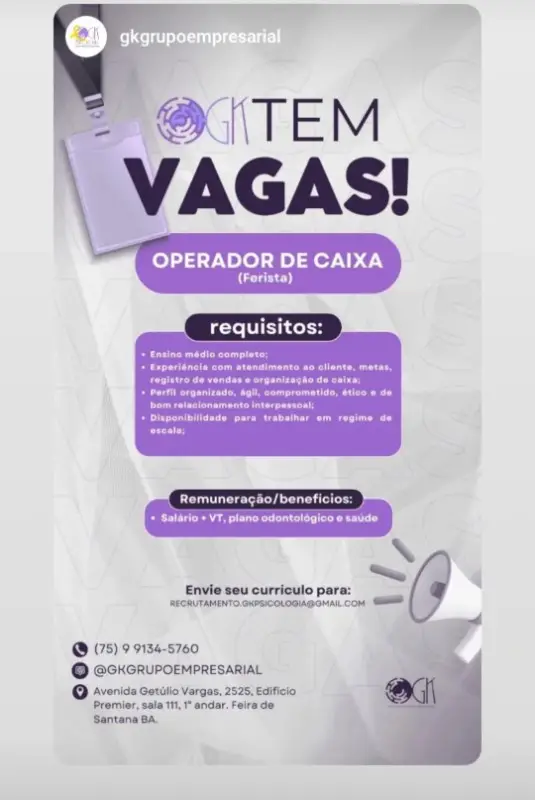 1 Vaga de emprego para Operador De Caixa Ferista na empresa GK Grupo em 10/09
