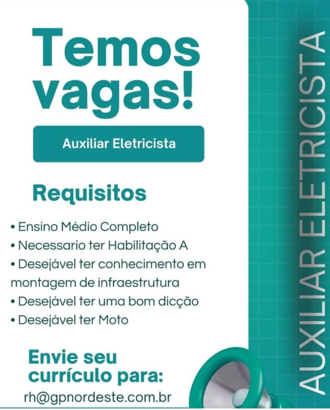1 Vaga de emprego para Auxiliar Eletricista na empresa GP Nordeste em 19/09