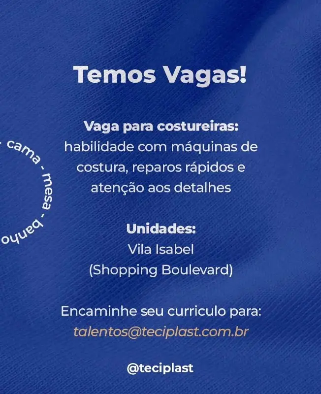 1 Vaga de emprego para Costureira na empresa Teciplast em 09/09