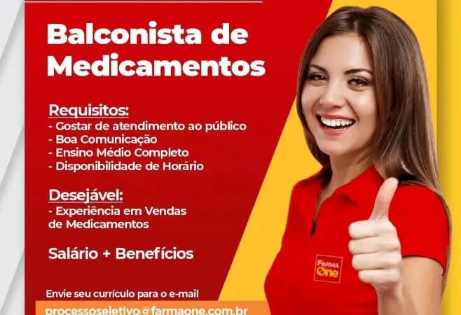 1 Vaga de emprego para Balconista De Medicamentos sem experiência na empresa Farma One em 10/09