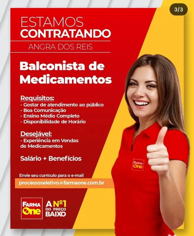 1 Vaga de emprego para Balconista De Medicamentos sem experiência na empresa Farma One em 10/09