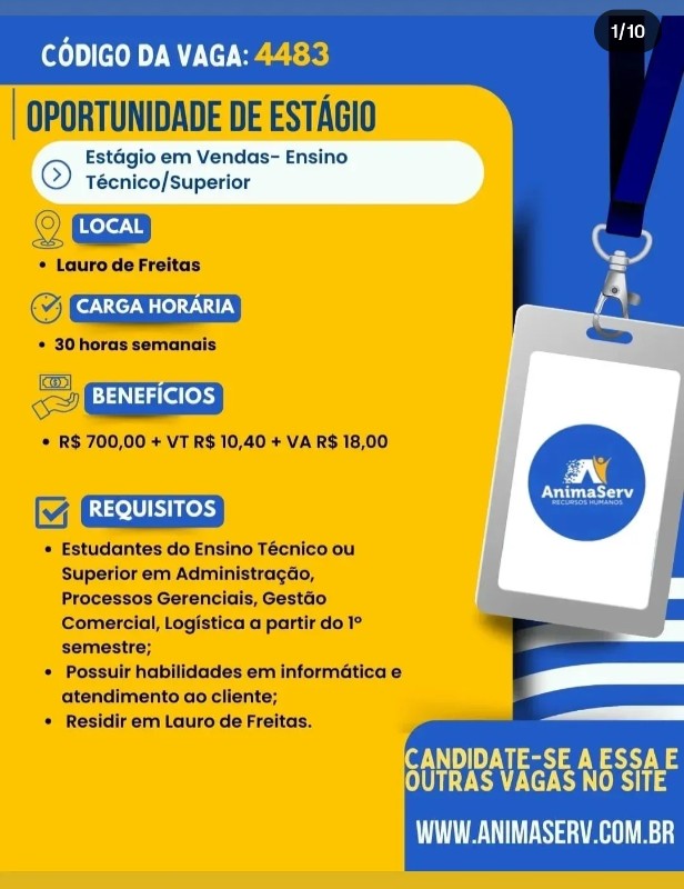 1 Vaga de emprego para Estágio De Vendas na empresa Animserv Recursos Humanos em 18/09