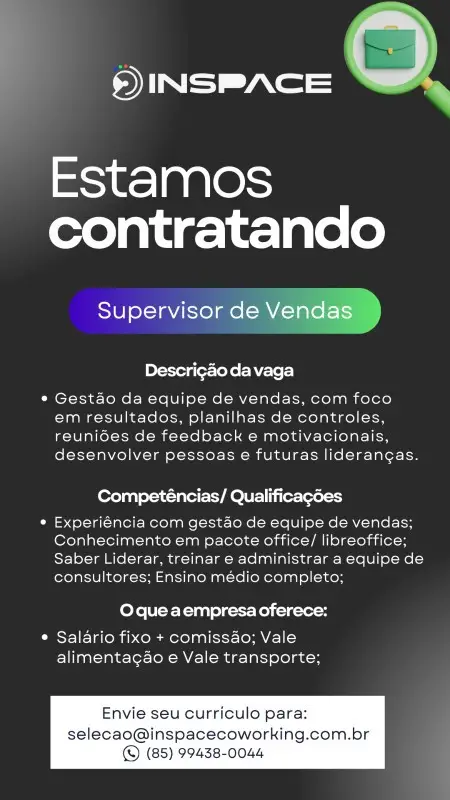1 Vaga de emprego para Supervisor De Vendas na empresa Inspace em 10/09