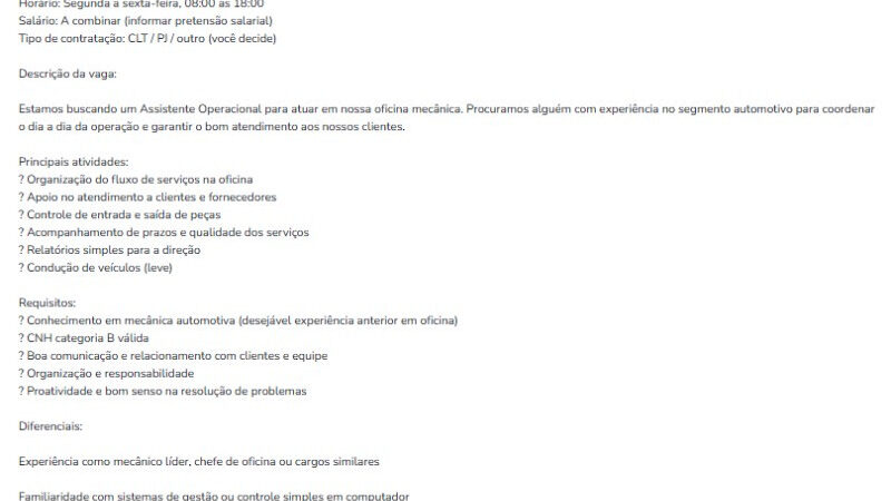 1 Vaga de emprego para Assistente Operacional na empresa Oficina Mecânica em 11/09