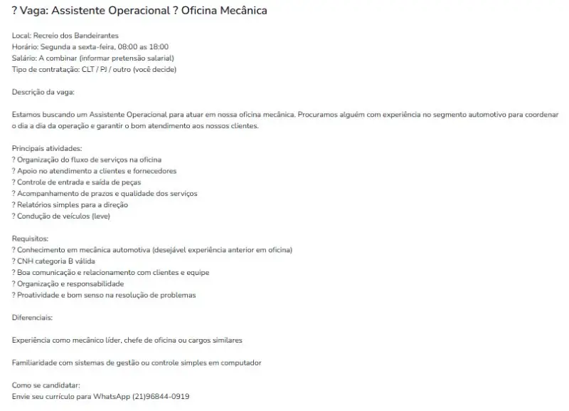 1 Vaga de emprego para Assistente Operacional na empresa Oficina Mecânica em 11/09